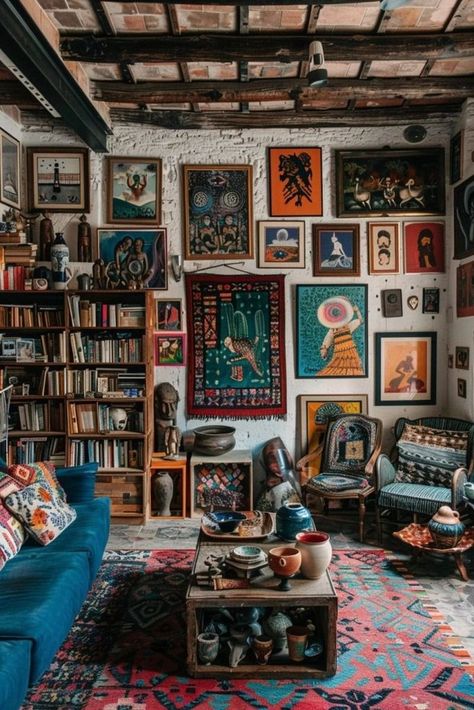 Maximalist Rooms Aesthetic, Maximalist Living Room Vintage, Artistic House Design, Eclectic Art Wall Living Room, Maximalist Cozy Decor, Living Room Maximalist Decor, Eclectic Open Floor Plan, Eclectic Chic Living Room, Eclectic Country Home