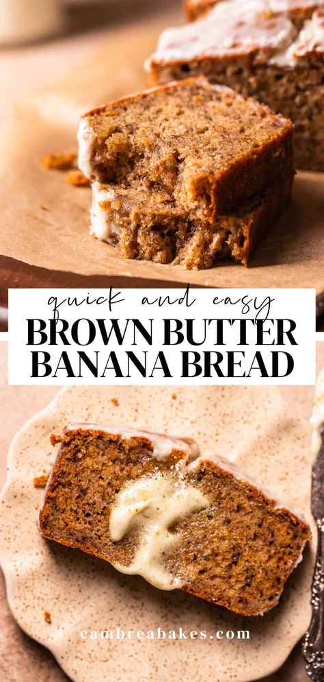 Every slice of this brown butter banana bread features a moist crumb, banana flavor, and rich, nutty notes. This easy recipe requires no special equipment, and the brown butter elevates it into a bakery-worthy treat! Brown Butter Banana Bread, Trifle Dessert Recipes, Butter Banana Bread, Peanut Butter Banana Bread, Banana Brownies, Moist Banana Bread, Clam Recipes, Banana Bread Recipe, Easy Bread Recipes