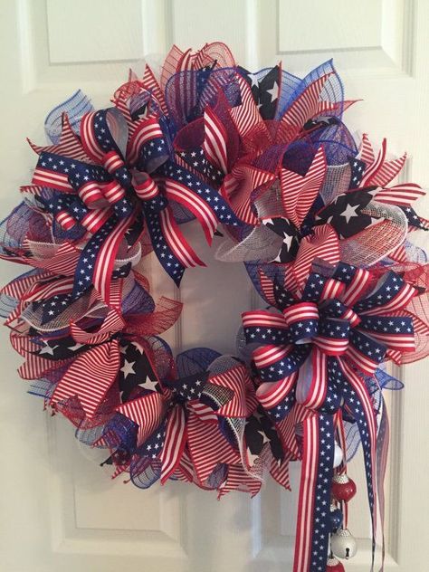 40+ Patriotic DIY Dollar Store 4th Of July Wreaths - This Tiny Blue House 4th Of July Wreaths, Red White And Blue Wreath, Fourth Of July Wreath, Patriotic Diy, Patriotic Wreaths, Memorial Day Wreaths, 4th July Crafts, Mesh Wreath Diy, Deco Wreaths