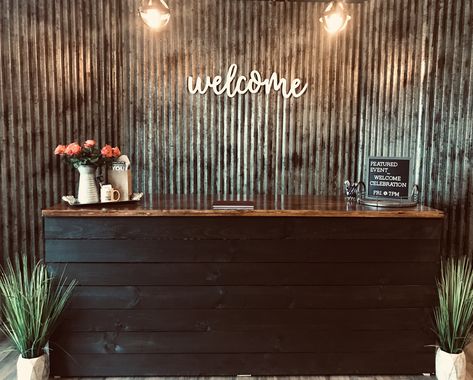 Welcome Center counter for churches corrugated metal Idea. Church Welcome Tables, Welcome Desk Church, Church Information Center, Welcome Center Church Ideas, Church Welcome Table, Church Welcome Center Ideas, Church Youth Room Ideas, Welcome Center Ideas, Church Foyer Ideas