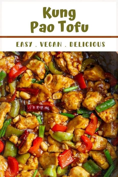 In need of a tasty vegan dinner recipe? Give this Kung Pao Tofu a try! It's easy to make with a mix of tofu, bell peppers, chilies, green onions and peanuts, all in a savory and spicy sauce. A vegan remake of the take out classic that’s even better than the restaurant version! To make a plant-based Kung Pao recipe that’s completely vegan, we’re using tofu instead of chicken. This Kung Pao Tofu recipe still includes the classic sauce that we love so much! Way faster than waiting for delivery! Kung Pao Recipe, Vegan Stuffed Bell Peppers, Kung Pao Tofu, Best Tofu Recipes, Pepper Tofu, Vegetarian Asian, Tofu Recipes Easy, Veggie Ideas, High Protein Vegan Recipes