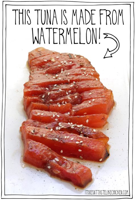 You won't believe this watermelon tuna recipe! Just 7 ingredients and 1 hour of hands-off baking is all it takes to transform regular watermelon into a vegan tuna steak- no fishies harmed! Nori, soy sauce, miso paste, and a few other ingredients are used to season the watermelon, then the key is to bake the watermelon, which completely changes the watermelon to a tender raw fish texture. This recipe is a must-try! #itdoesnttastelikechicken #veganseafood Vegan Tuna Recipe, Fish Texture, Vegan Tuna, Tuna Recipe, Tuna Steak, Raw Fish, Miso Paste, Vegan Fish, Vegan Sushi