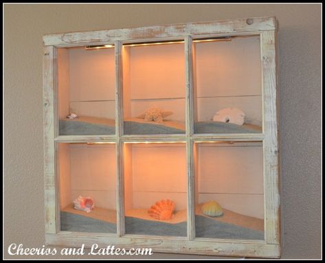 Seashell Shadow Boxes, Old Window Projects, Old Window Frames, Window Shadow, Window Crafts, Old Window Frame, Window Projects, Vintage Windows, Diy Window