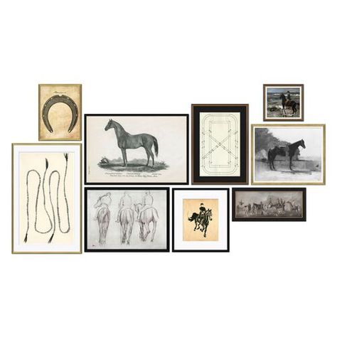 S/9, Equestrian Gallery Wall | One Kings Lane Wallpaper Accent Wall Bathroom, Small Bathroom Wallpaper, Orange Book, White Figures, Affordable Modern Furniture, Equestrian Decor, Elephant Logo, Figure Sketching, Wood Frames