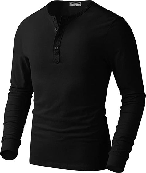 Derminpro Men's Premium Cotton Slim Fit Henley Long Sleeve T-Shirts Black Medium at Amazon Men’s Clothing store Black Henley, Henley Long Sleeve, Fashion Bottoms, Mens Henley, Turtleneck Shirt, Henley Tee, Neckline Designs, Weekend Wardrobe, Short Long