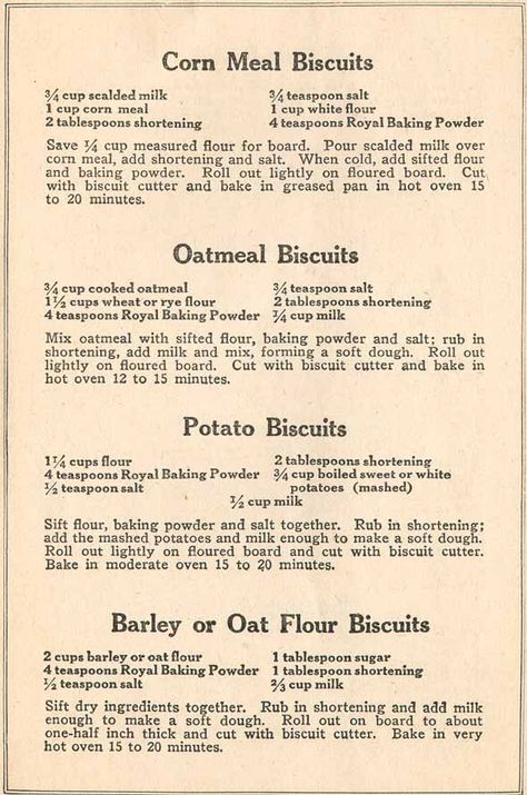 Recipe Booklet Page 4 Vintage Biscuit Recipe, Vintage Recipes 1800s, 1800 Recipes, Old Fashioned Biscuits, Corn Biscuits, Oatmeal Biscuits, Wartime Recipes, Potato Biscuits, Flour Biscuits