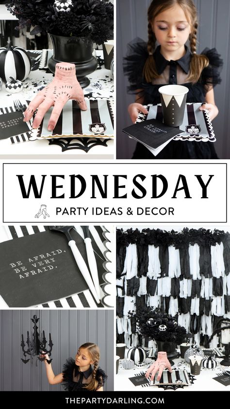 Party decorations and tableware for a Wednesday Addams Birthday Party Wednesday Decorations, Wednesday Party Ideas, Gothic Chic Decor, Wednesday Party Theme, Wednesday Addams Birthday Party, Addams Family Theme Party, Wednesday Addams Birthday, Wednesday Halloween, Gothic Table