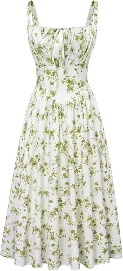 summer dress,cute,fashion,snatched,floral,green.sleevless,high fashion,beach dress, thin strap,thin waist,square neck, White Summer Dress Boho, Printed Corset, Flowy Sundress, Sundresses Women, Dresses For Summer, Floral Corset, Dress Flowy, Floral Dresses, Cami Dress