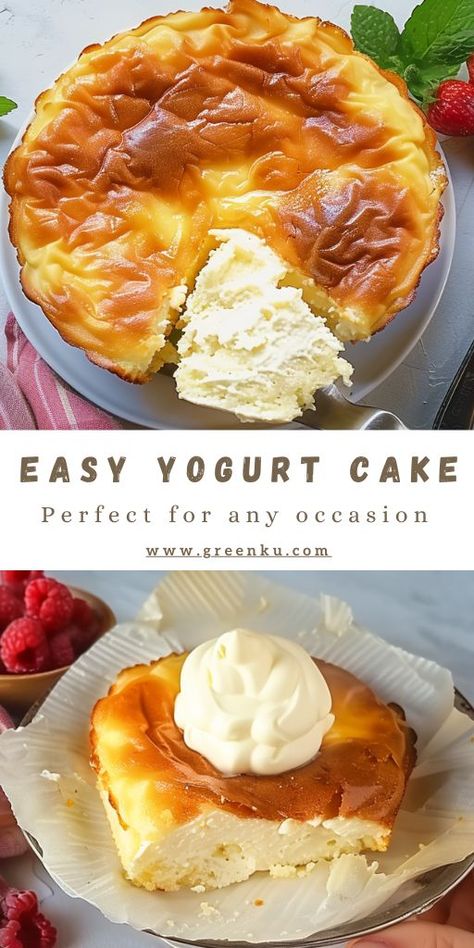 Easy Yogurt Cake Ingredients: 400 g sweetened plain yogurt or flavored yogurt (1 cup + 1/2 cup + 2 tablespoons) 4 eggs 40 g of sifted cornstarch (¼ cup + 1 tbsp) #YogurtCake #Fluffy Greek Yogurt Cake 3 Ingredients, Desserts With Greek Yogurt Healthy, Dessert With Vanilla Yogurt, Essen, Keto Dessert With Greek Yogurt, Things To Make With Vanilla Yogurt, Healthy Yoghurt Cake, Recipes That Use Vanilla Yogurt, Yoghurt Dough Recipes