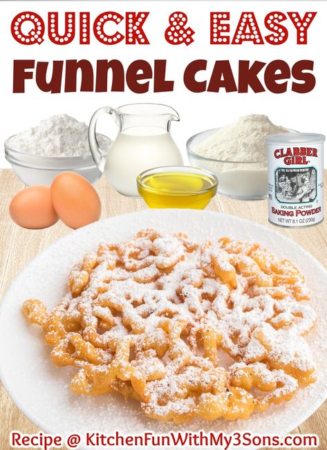 This Funnel Cake Recipe is a quick and delicious batter that is fried to golden brown perfections and topped with a dusting of powdered sugar for sweetness. Super easy to make and even better than the County Fair. Easter Cakes And Cupcakes, Fair Funnel Cake Recipe, Funnel Cake Batter, Funnel Cake Recipe Easy, Carnival Treats, Berry Crisp Recipe, Carnival Foods, Funnel Cake Bites, Funnel Cake Recipe