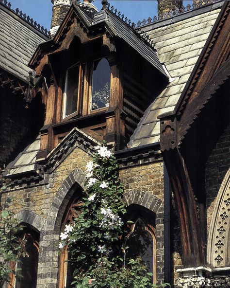 The stunning facade of a rustic Gothic Revival home... *swoons, then swoons AGAIN*  ~Splendor Gothic Revival House, Revival Architecture, Ivy House, Gothic Revival, Saint John, Gothic Architecture, Gothic House, Victorian Gothic, Beautiful Buildings