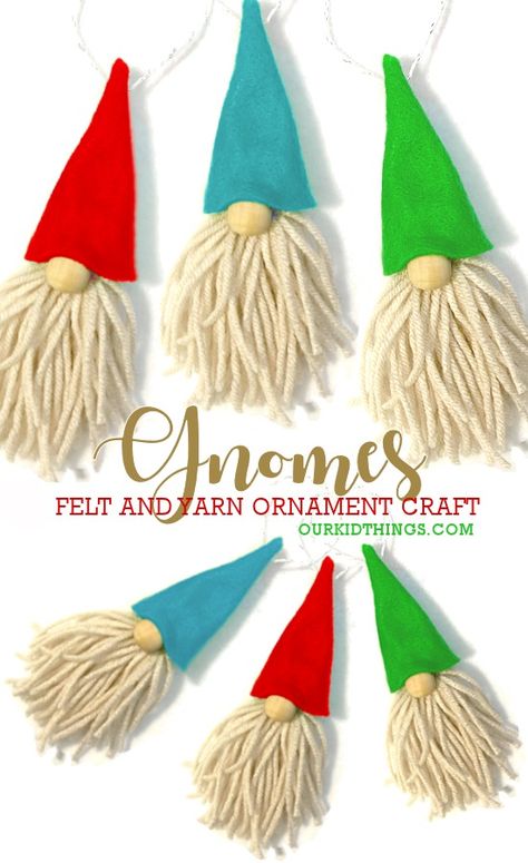 Felt Gnome Christmas Ornament Craft - Our Kid Things Nome Christmas Crafts, Gnome Christmas Ornament Diy, Felt Xmas Ornaments Diy, Gnome Ornaments Diy Kids, Gnomes Made With Yarn, Diy Felt Gnomes, Easy Christmas Ornament Craft For Kids, Felt Craft Christmas, Kids Christmas Sewing Projects