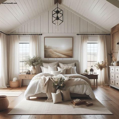 Country Modern Bedroom Ideas, Modern European Farmhouse Bedroom, Modern Country Style Bedroom, Large Master Bedrooms Decor Farmhouse, Scandinavian Farmhouse Style Bedroom, Modern Farmhouse Interior Bedroom, Dream Farmhouse Bedroom, Farmhouse Main Bedroom, Modern Cottage Interior Bedrooms