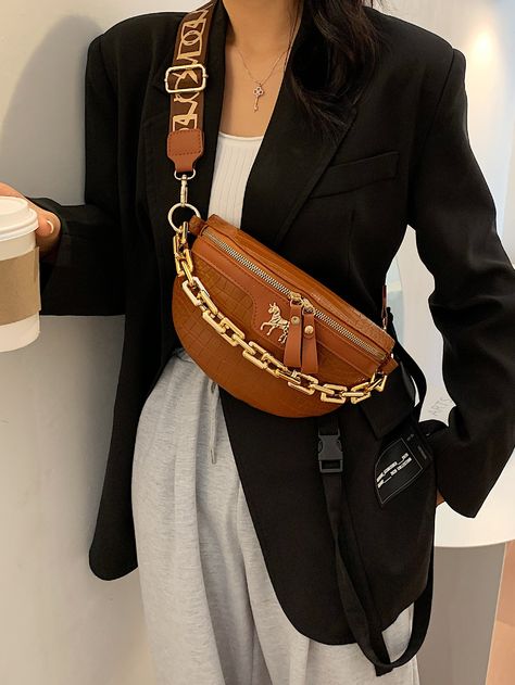 Brown  Collar  PU Leather Crocodile Print Bum Bag Embellished   Women Bags Fanny Pack Women, Waist Bags, Bum Bag, Trend Fashion, Waist Pack, Women Leather, Style Chic, Leather Chain, Waist Bag