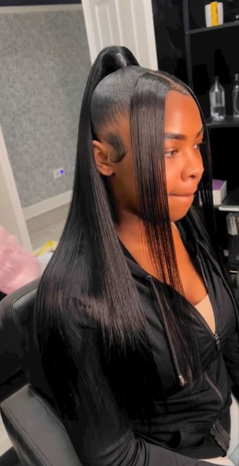 Straight Hair With A Swoop, Straight Ponytail With Swoop, Side Swoop Straight Hair Black Women, Swoop Ponytail Straight Hair, Ponytail With Straight Bangs, Ponytail With Middle Part Bangs For Black Women, Side Swoop High Ponytail, Low Barbie Ponytail With Swoop, Cute Ponytail Styles