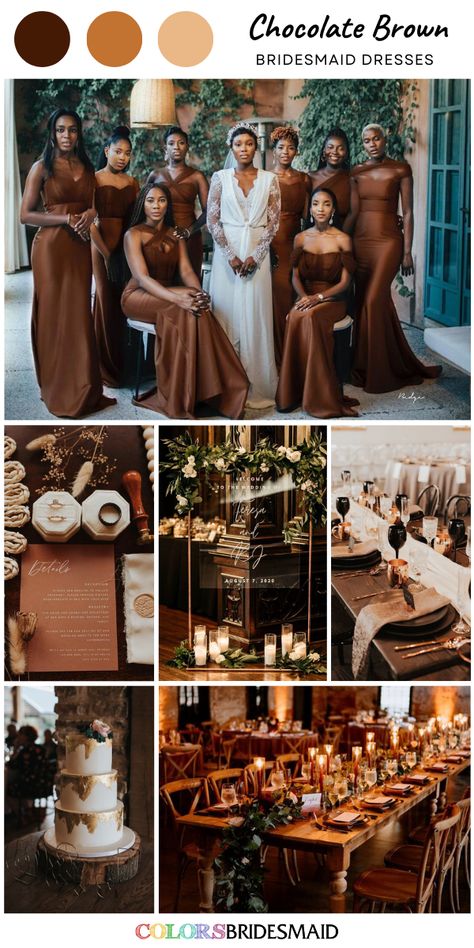 Chocolate brown bridesmaid dresses on sale under $100, in 600+ custom-made styles and all sizes, white bridal gown, white and light brown wedding cake, chocolate brown wedding invitations, white wedding table runners and chocolate brown napkins, white candles and white flowers and greenery centerpieces. #colsbm #bridesmaids #bridesmaiddresses #weddingideas #brownwedding #weddingtabledecor #chocolatebrownwedding #weddinginvitation #weddingcake #weddingcenterpieces #chocolatebrowndress b2252 Chocolate Bridesmaid Dresses Black Women, Brown Invitations Wedding, Brown Wedding Colors Bridesmaid Dress, Braidsmaids Dresses Brown, Brown Gold And White Wedding Theme, Yellow Brown Wedding Theme, Navy Blue And Chocolate Brown Wedding, White Gold Brown Wedding, Brown Tan Gold Wedding