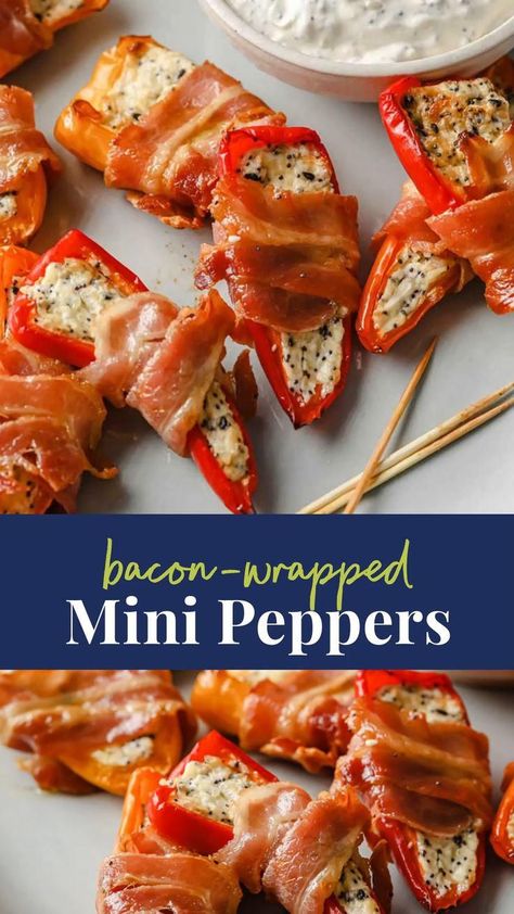 Stuffed Peppers Appetizer, Bacon Wrapped Peppers, Mini Peppers, Pepper Recipe, Everything Bagel Seasoning, Bacon Appetizers, Stuffed Mini Peppers, Bagel Seasoning, Cooking Bacon