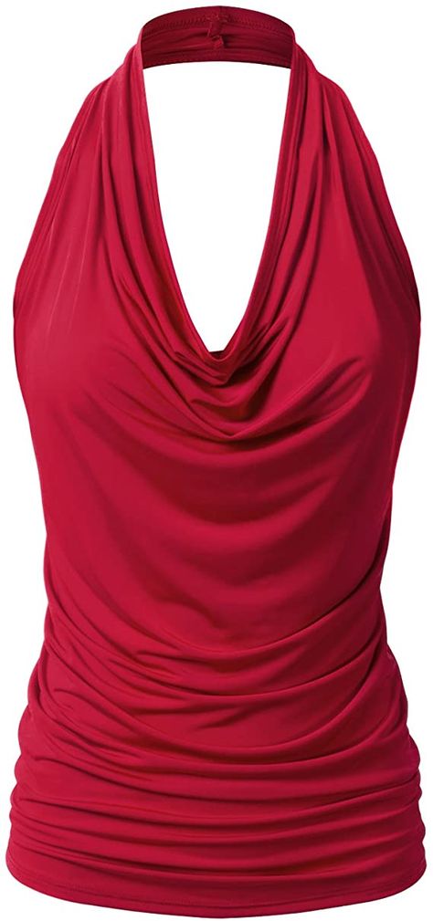 EIMIN Women's Casual Halter Neck Draped Front Sexy Backless Tank Top (S-3XL) at Amazon Women’s Clothing store Chiffon Cami Tops, Low Cut Tank Tops, Universe Theme, Red Halter Top, Classy Wardrobe, Red Drapes, Wardrobe Must Haves, Halter Blouse, Backless Tank Top