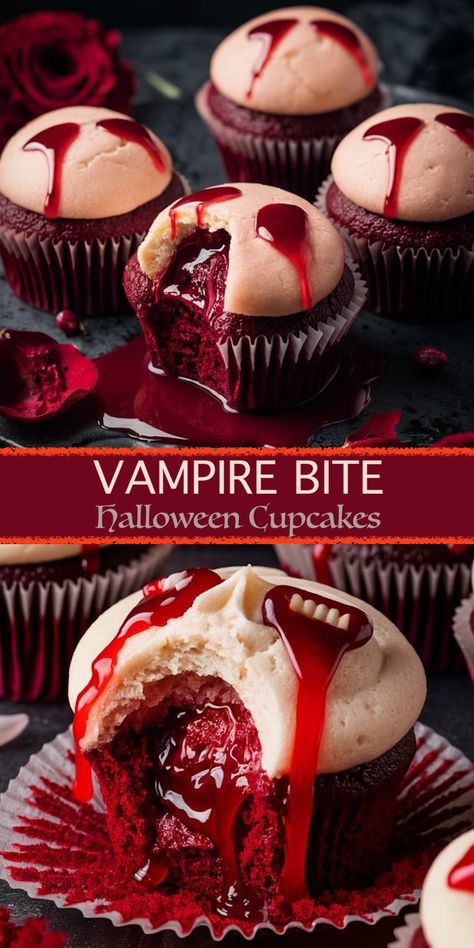 Halloween Vampire Bite Cupcakes with Creepy Red Centers Spooky Cupcakes Scary Halloween, Halloween Baking Recipes Easy, Red Velvet Cupcakes Halloween, Vampire Themed Snacks, Halloween Red Velvet Cupcakes, Vampire Foods Party Ideas, Harry Potter Chocolate Strawberries, Halloween Pumpkin Cupcakes, Halloween Bakery Treats