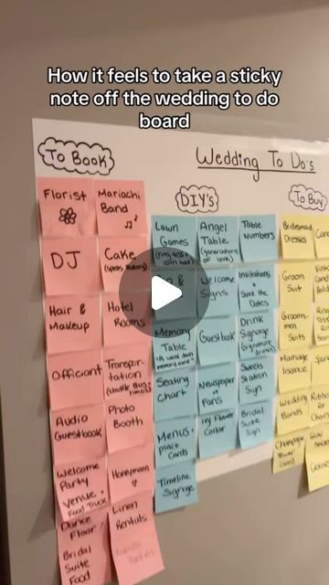 Nurse Sydney on Instagram: "How it feel to take a sticky note off the wedding to do board 👌🤩  #2025bride #bridetobe #bride #wedding #weddingtodolist #weddingstickynoteboard #engaged #weddingplanning #weddingtiktok #weddingplanner #2025wedding #weddingtipsandtricks #weddingtok" Wedding Post It Note Board, Wedding To Do List Checklist Poster Board, Post It Note Wedding Checklist, Wedding To Do List Sticky Notes, Post It Wedding Planning, Wedding Planning Board Diy Sticky Notes, Wedding Sticky Note Board, Wedding To Do Board Sticky Notes, Mariachi Wedding