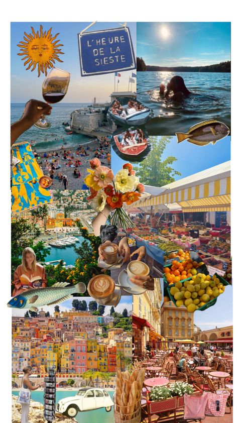 vintage travel vibe collage depicting shops, beaches, colourful houses, coffee, markets, croissants, wine, sun, fish and other motifs Interrail Europe, Europe Wallpaper, France Wallpaper, Italy Trip Planning, French Wallpaper, France Aesthetic, Beautiful Collage, Europe Vacation, Nice France