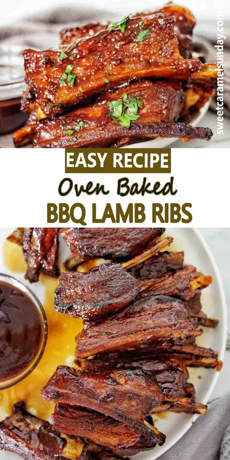 BBQ Lamb Ribs on white plate with text written between 2 images. Mutton Ribs Recipe, Lamb Ribs Recipe Ovens, Riblets Recipe Oven, Lamb Riblets Recipe, Goat Ribs, Lamb Ribs Recipe, Pork Riblets Recipe, Egyptian Dishes, Cute Salad