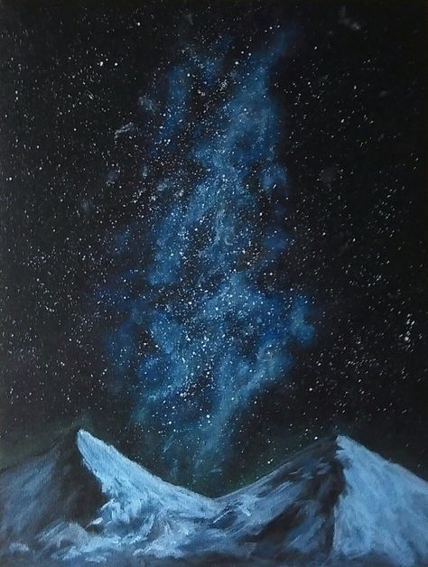 Mountains and Milky way. Acrylic canvas by Jonathan Long. Mountain Galaxy Painting, Milky Way Acrylic Painting, Night Time Mountain Painting, Painted Mountains Easy, Acrylic Night Sky, Milky Way Painting, Dresser Painting, Paint Mountains, Nebula Painting