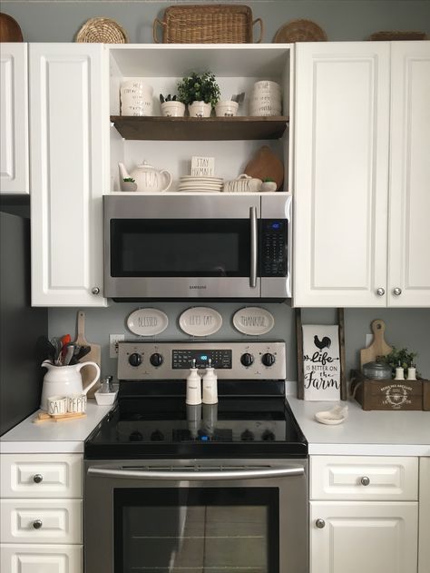 Open display shelves above microwave Microwave Shelf Cabinet, Build A Shelf, Over The Range Microwave, Microwave Cabinet, Microwave Shelf, Microwave In Kitchen, Range Microwave, Smitten Kitchen, Primitive Kitchen