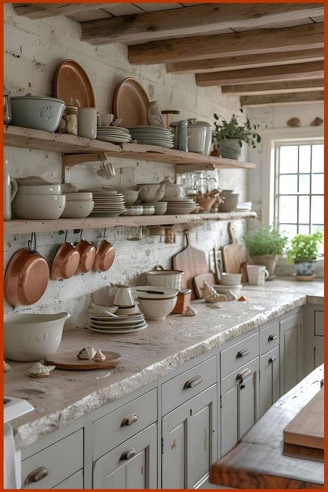 French Kitchen Shelves, Country Style Shelves, Open Shelving Farmhouse Kitchen, Kitchen Open Shelving Decor Ideas, Cottage Kitchen Open Shelves, Kitchen Shelving Ideas Farmhouse Style, Farmhouse Kitchen Open Shelving Ideas, Small Farmhouse Kitchen Decor, Open Shelves Kitchen Styling