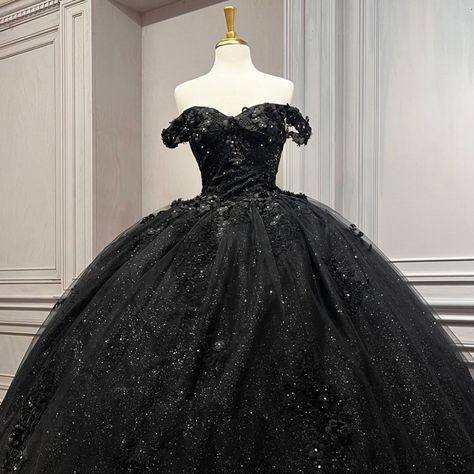 Quincenera Dress Black, Black Quinceanera Theme Dresses, Puffy Black Prom Dress, Black Prom Dress Long Sparkly Ball Gowns, Winter Quinceanera Dress, Black Sparkly Ball Gown, Quince Dress Styles, Black Cinderella Dress, Sweet 16 Black Dresses