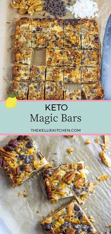 Keto Magic Bars….with magic in the title I feel like I have to say no more. These low carb dessert bars are a fun take on an old sugar-laden favorite also known as Seven Layer Bars. || The Kellie Kitchen Sugar Free Protein Bars, Low Carb Snack Bars, Low Carb Bars, No Sugar Desserts, Seven Layer Bars, Bars Healthy, Low Sugar Snacks, Keto Bars, Layer Bars