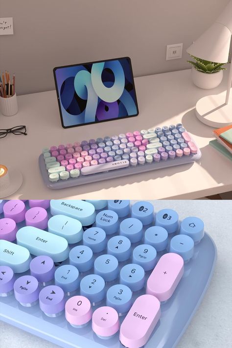 This cute and colorful keyboard with make typing on a table much easier!...............................................#Amazon #ipad #tablet #apple #keyboard #bluetoothkeyboard #bluetooth #work #school #study #typing #purple #white #pink Keyboard For Tablet, Fancy Keyboard, Colorful Keyboard, Unique Keyboards, Apple Keyboard, Retro Typewriter, School Study, Ipad Accessories, Cute Stationary