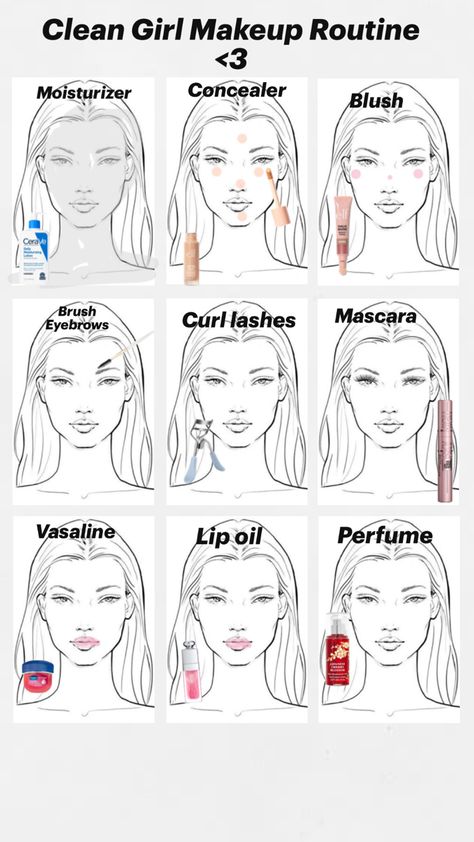 Clean Girl Makeup Routine, Easy School Makeup, Face Makeup Routine, Makeup Routine Guide, Makeup Looks Winter, Clean Girl Makeup, Preppy Makeup, Simple Makeup Tips, Makeup Face Charts