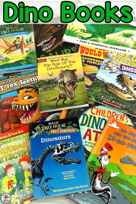 Do you have kids who LOVE dinosaurs? Then, they are sure to enjoy reading these stories about the pre-historic animals! This list of fiction and non-fiction Dinosaur Books For Your Future Paleontologists will be a great addition to your Dinosaur unit too. This selection of picture books and chapter books are perfect for preschoolers, kindergartners, and early elementary children. Click on the picture to see our favorite Dinosaur Books for Kids! #dinosaurbooks #dinobooks #booksforkids Dinosaur Unit Study Kindergarten, Dinosaur Homeschool Unit, Dinosaur Unit Study First Grade, Book Dinosaurs, Rainbow In A Jar, 1st Grade Books, Nonfiction Books For Kids, Dinosaur Books For Kids, Dinosaur Books