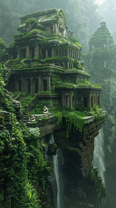 "Mystical Ancient Ruins: Enshrouded by the #verdant embrace of #nature, ancient ruins perch precariously above a roaring #waterfall. #mystical #ancient #ruins #aiart #aiphoto #stockcake ⬇️ Download and 📝 Prompt 👉 https://stockcake.com/i/mystical-ancient-ruins_582394_748756" Fantasy Ancient Ruins, Fantasy City Ruins, Ancient Ruins Concept Art, Cliff City, Alien Ruins, Garden Ruins, Fantasy Ruins, Jungle Ruins, Stone Monument