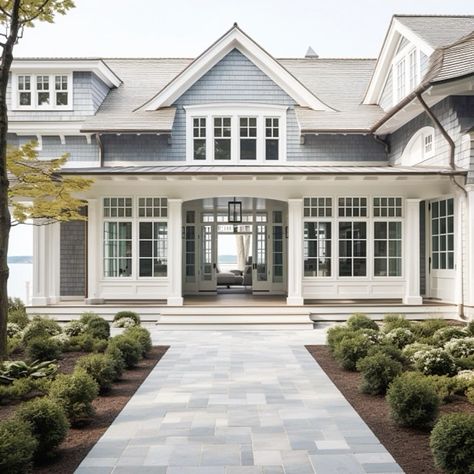 Coastal Shingle Style Home, Traditional Lake House Exterior, White Shingles House Exterior, Cape Style House Exterior, White Shingle House Exterior, New England Homes Exterior, New England Home Exterior, Nantucket Style Homes Exterior, Grey And White Home