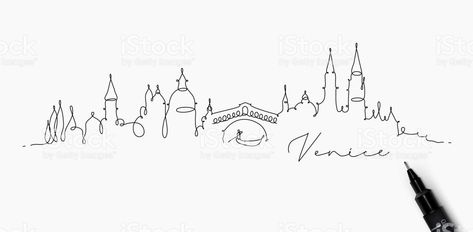 Venice Italy Tattoo, Venice Tattoo Ideas, Venice Tattoo, Italy Tattoo, Skyline Tattoo, Landscape Tattoo, City Skylines, Continuous Line Drawing, Travel Tattoos