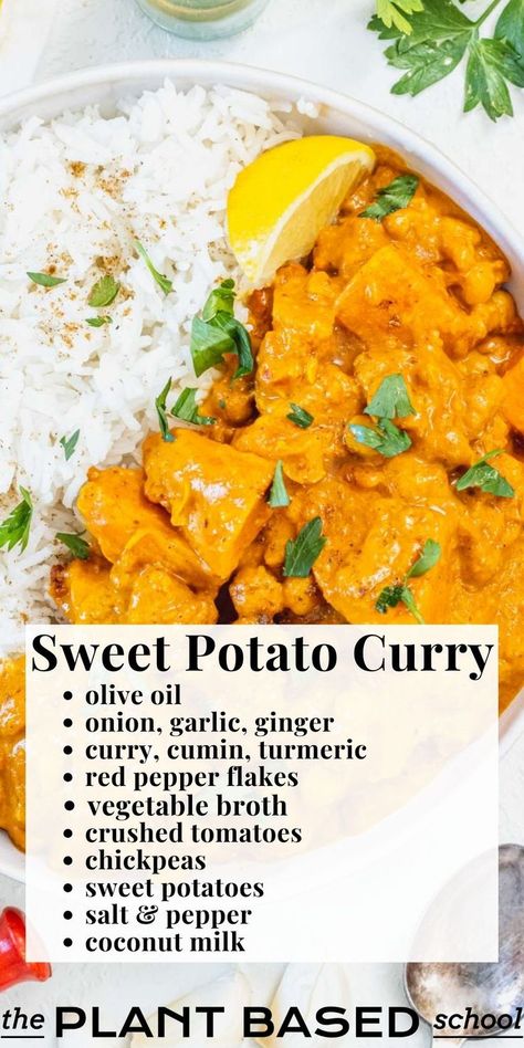 You'll love this dish because it’s healthy, cozy, and perfect for meal prep. It’s delicious with fresh cilantro, fresh lime, and a dollop of yogurt. Thai Sweet Potato, Potato Curry Recipe, Easy Sweet Potato, Vegan Curry Recipes, Vegan Entrees, Vegan Dinner Recipes Easy, Sweet Potato Curry, Easy Vegan Dinner, Potato Curry