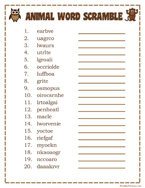 Printable Animals Word Scramble Word Puzzles For Kids, Jumbled Words, Word Games For Kids, Unscramble Words, Scramble Words, Scramble Game, Word Search Games, Senior Activities, Word Scramble