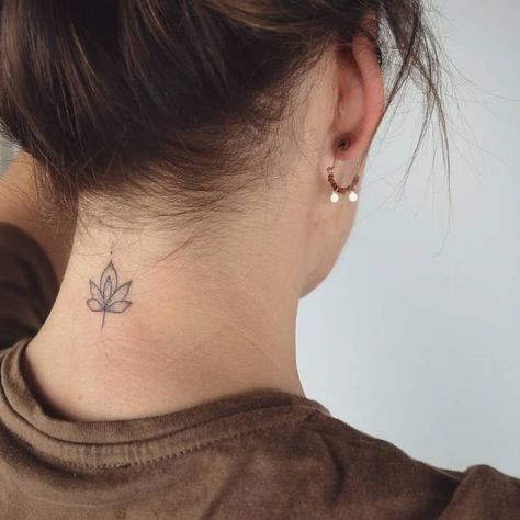 Lotus Flower Tattoo Neck, Nape Tattoo Women Minimalist, Lotus Flower Tattoo Hand, Lotus Neck Tattoo, Nape Of Neck Tattoo, Mindful Tattoo, Bishop Tattoo, Flower Neck Tattoo, Lotus Flower Tattoos