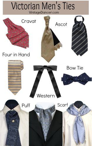 victorian ties and cravats | Common Victorian mens ties: cravat, ascot, western bow tie, puff tie ... Victorian Mens Fashion, Western Scarf, Victorian Men, Tie Ideas, Victorian Man, Victorian Costume, Victorian Clothing, Retro Mode, Tie Styles