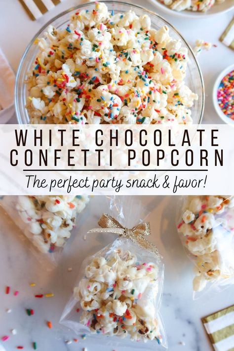 Birthday Party Popcorn Ideas, Birthday Popcorn Recipe, Candy Melt Popcorn, Sprinkle Party Food Ideas, All White Party Desserts, Popcorn Goody Bag Ideas, White Chocolate Coated Popcorn, Gluten Free Popcorn Recipes, Popcorn With Sprinkles