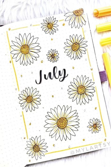 Monthly Bujo Cover, Bujo Daisy Theme, Daisy Bullet Journal, Month Drawings, Daisy Journal, May Bullet Journal Cover, Bullet Journal May, Kunstjournal Inspiration, Crazy Laura