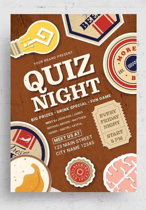 Pub Quiz Night Template Flyer Template AI, PSD Pub Quiz Poster, Pub Social Media, Quiz Poster Design, Quiz Night Poster, Pub Night, Quiz Design, Pub Quiz, Flyer Design Layout, Michael Brown