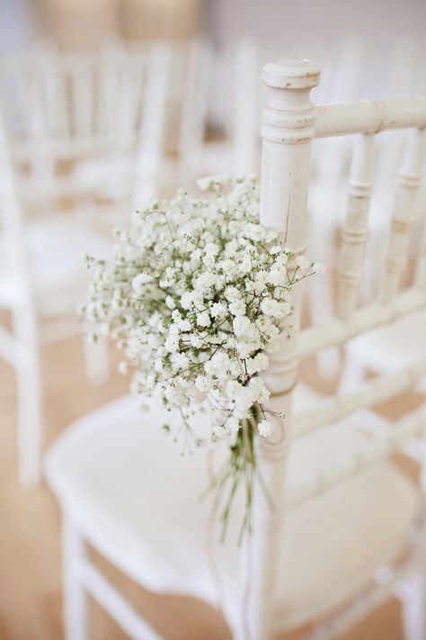 Gyp Gypsophila Baby's Breath Pew End Aisle Chair Flowers Ceremony Milling Barn Wedding Victoria Mitchell Photography #Gyp #Gypsophila #BabysBreath #PewEnd #Aisle #WeddingChairs #WeddingFlowers #Ceremony #Wedding Ceremony End Of Aisle Decor, Gypsophila Chair Ends, Gypsophila Pew Ends, Flowers For Chairs At Wedding, Pink Wedding Aisle Flowers, Wedding End Of Aisle Decorations, Wedding Marquee Flowers, Simple Aisle Flowers, Wedding Chair Decorations Ceremony