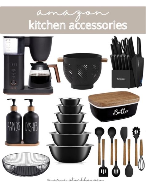 Matte black amazon essentials for the kitchen Matt Black Kitchen Accessories, Black Kitchen Supplies, Matte Black Kitchen Accessories, Black Kitchen Utensils Aesthetic, Black Cooking Utensils, Pretty Organization, Sala Grunge, Black Kitchen Accessories, Black Utensils