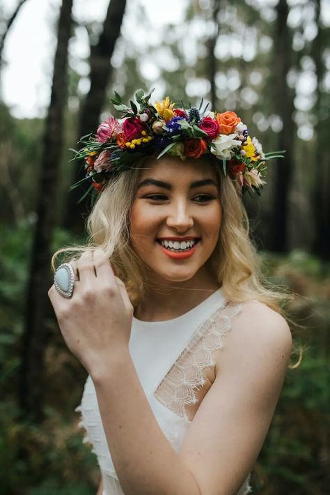 Folk Wedding, Wedding Hairstyles And Makeup, Flower Crown Bride, Floral Crown Wedding, Beach Wedding Flowers, Bridal Flower Crown, Winter Bride, Bright Florals, Rustic Wedding Dresses