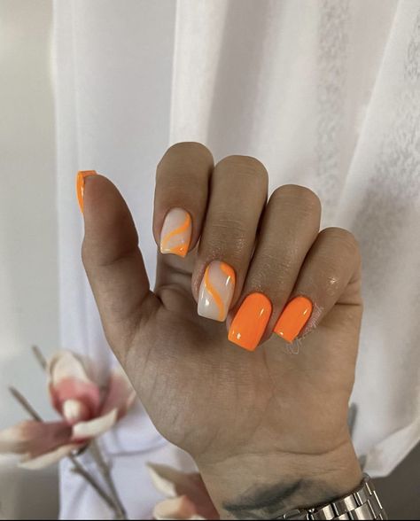 Milky White And Orange Nails, Milky Neon Nails, Neon Orange Nails, Milky Nails, Summery Nails, White Nail Designs, Neon Nails, Orange Nails, Milky White