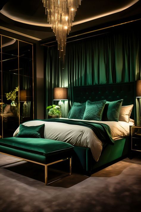 Luxurious modern bedroom in deep black and vibrant emerald, featuring a king-size canopy bed with drapes, emerald velvet bench, and recessed lighting. Black And Emerald Bedroom, Emerald Green Bedroom Ideas, Black Modern Bedroom, Luxurious Modern Bedrooms, Oasis Bedroom, Emerald Green Bedrooms, Velvet Bedroom, Pillows Bedroom, Green Bedroom Decor