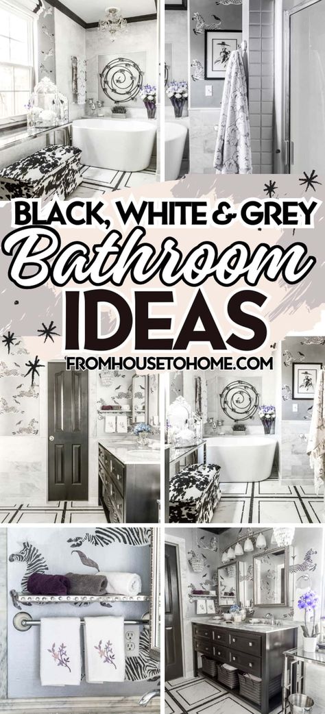 Black, White And Grey Bathroom Makeover Ideas | Master Bathroom Ideas Timeless Remodel, White And Grey Bathroom, Bathroom Moodboard, Glam Bathroom Decor, Bathroom Makeover Ideas, Grey And White Bathroom, Gray And White Bathroom, Black White Bathrooms, House To Home